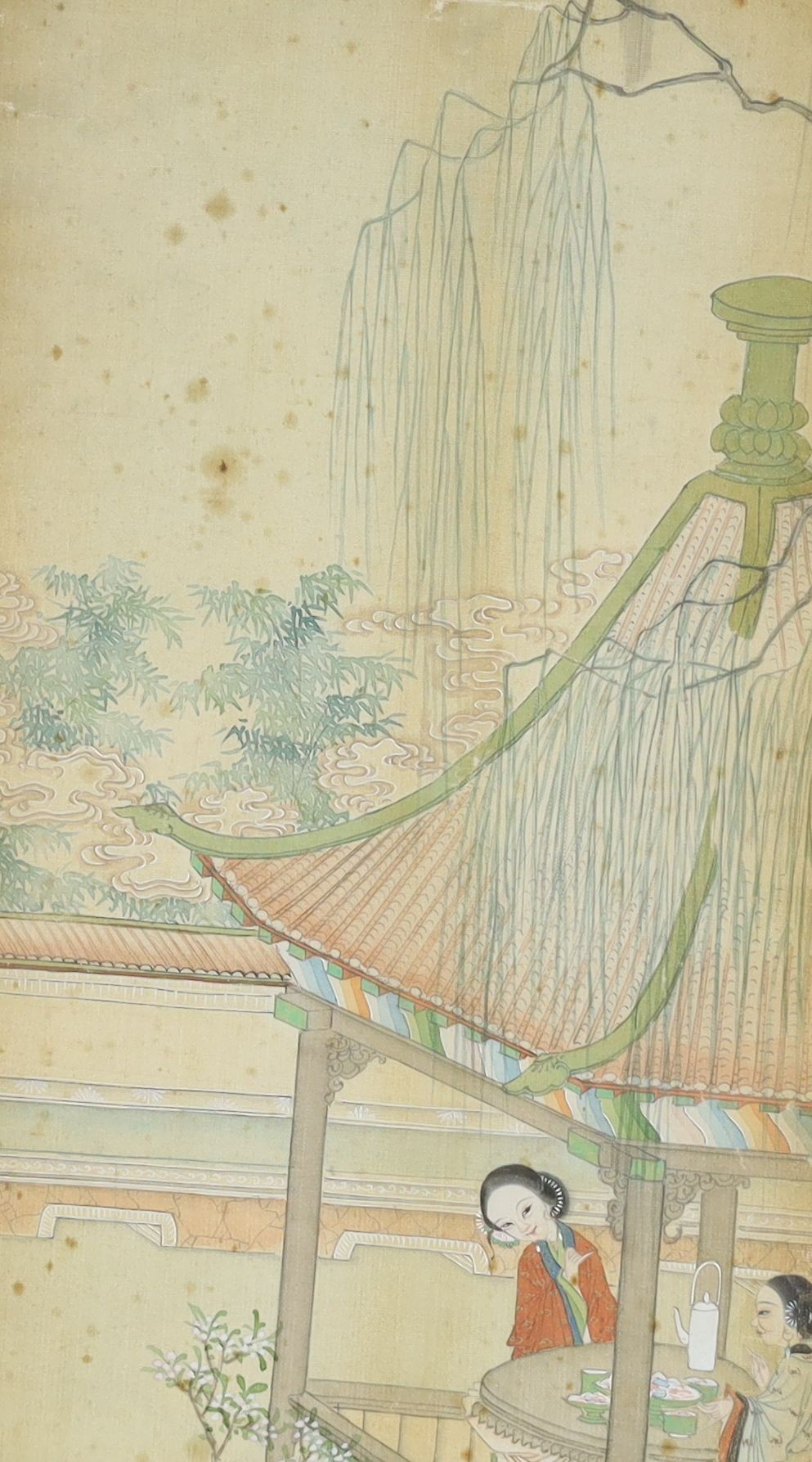 A set of four Chinese paintings on silk of ladies in pavilion gardens, 19th century each image 82 cm x 18.5 cm, damage